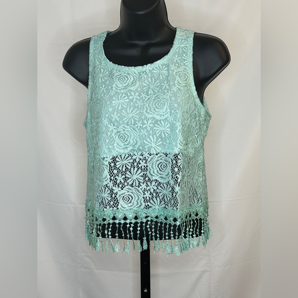 Neslay Light Blue Blue Lace Fringe Crop Top